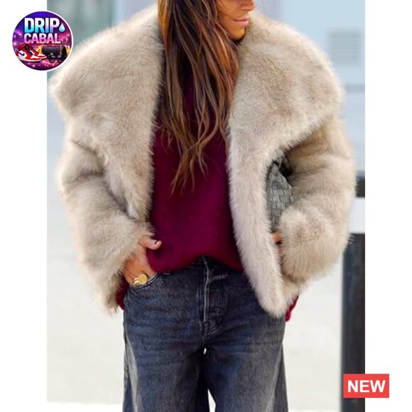 Faux Fur Coat Fluffy Jacket Long Sleeve Lapel Shaggy Outerwear with Pockets - Picture 2 of 7